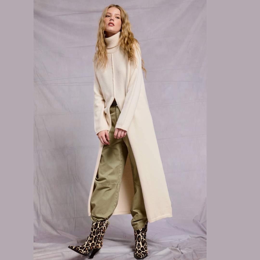 The Icon Ribbed Turtleneck Tunic Sweater Dress with Slit