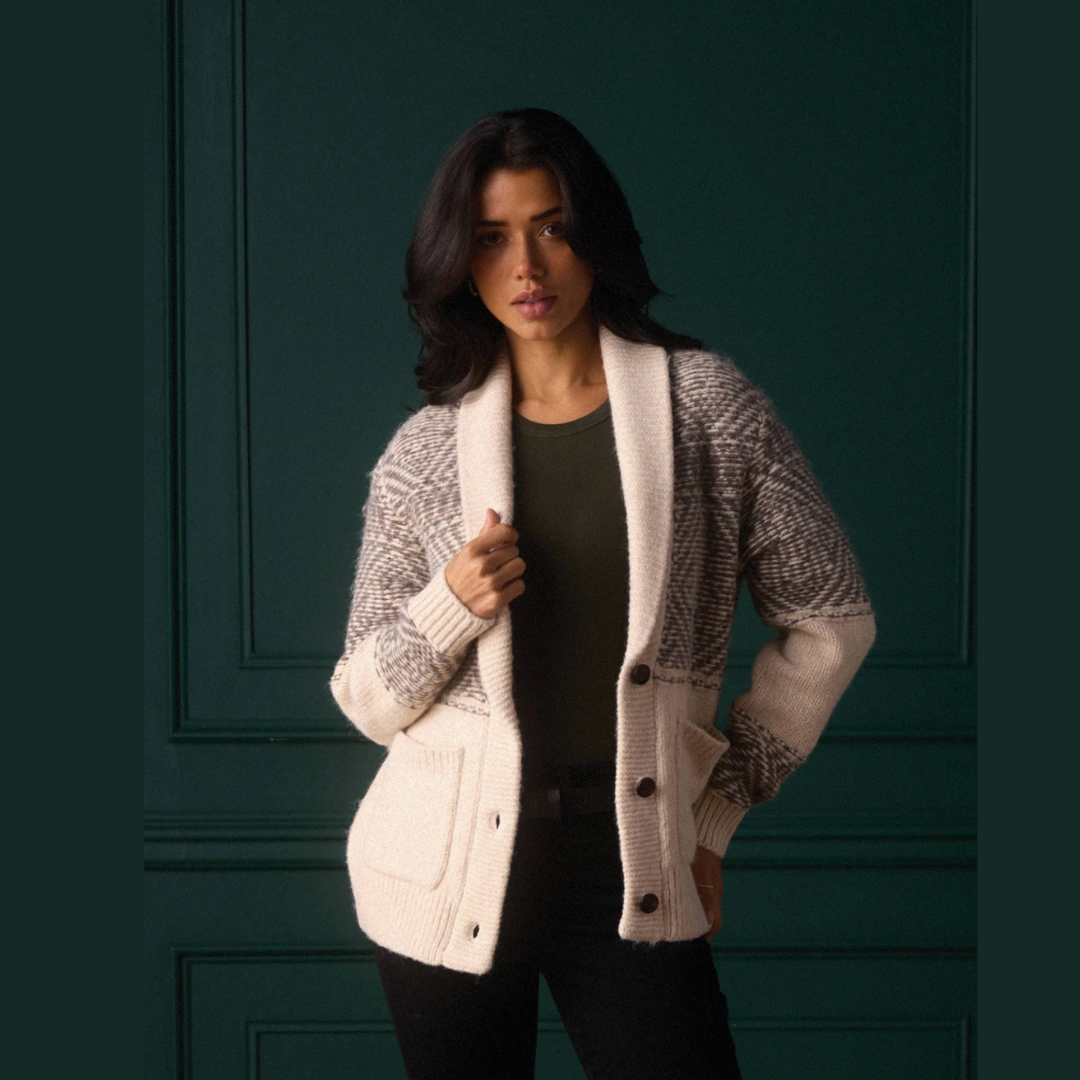 Shawl Collar Heritage Cardigan in Cream Multi