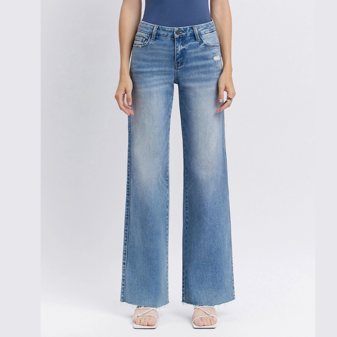 The Liv Mid Rise Clean Cut Raw Hem Wide Leg