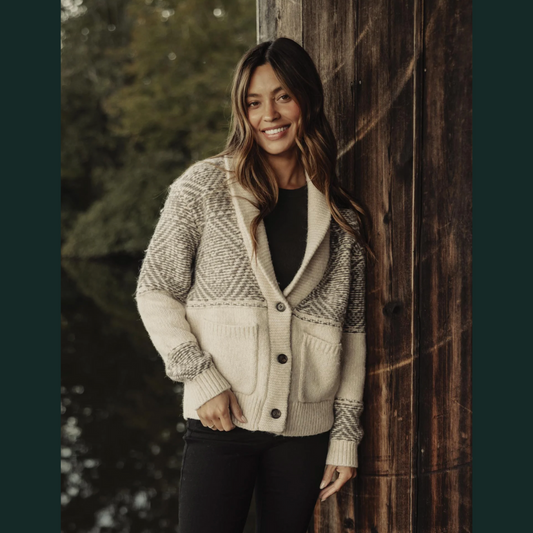 Shawl Collar Heritage Cardigan in Cream Multi