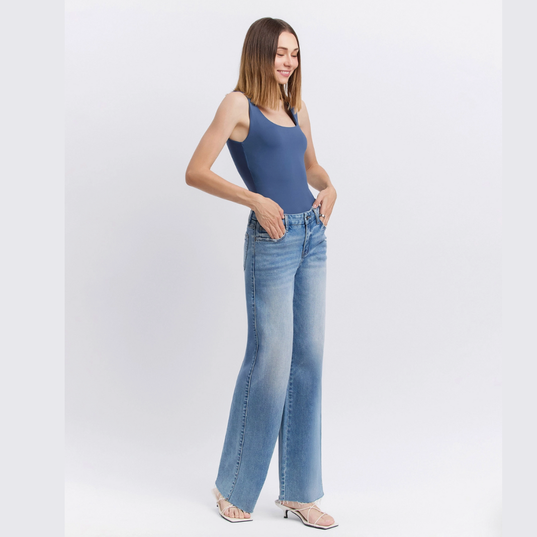 The Liv Mid Rise Clean Cut Raw Hem Wide Leg