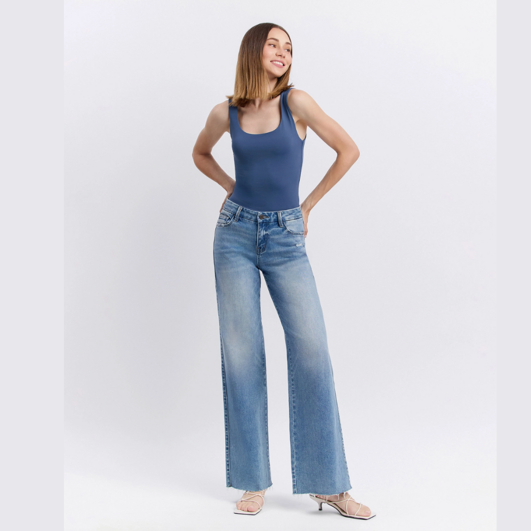 The Liv Mid Rise Clean Cut Raw Hem Wide Leg