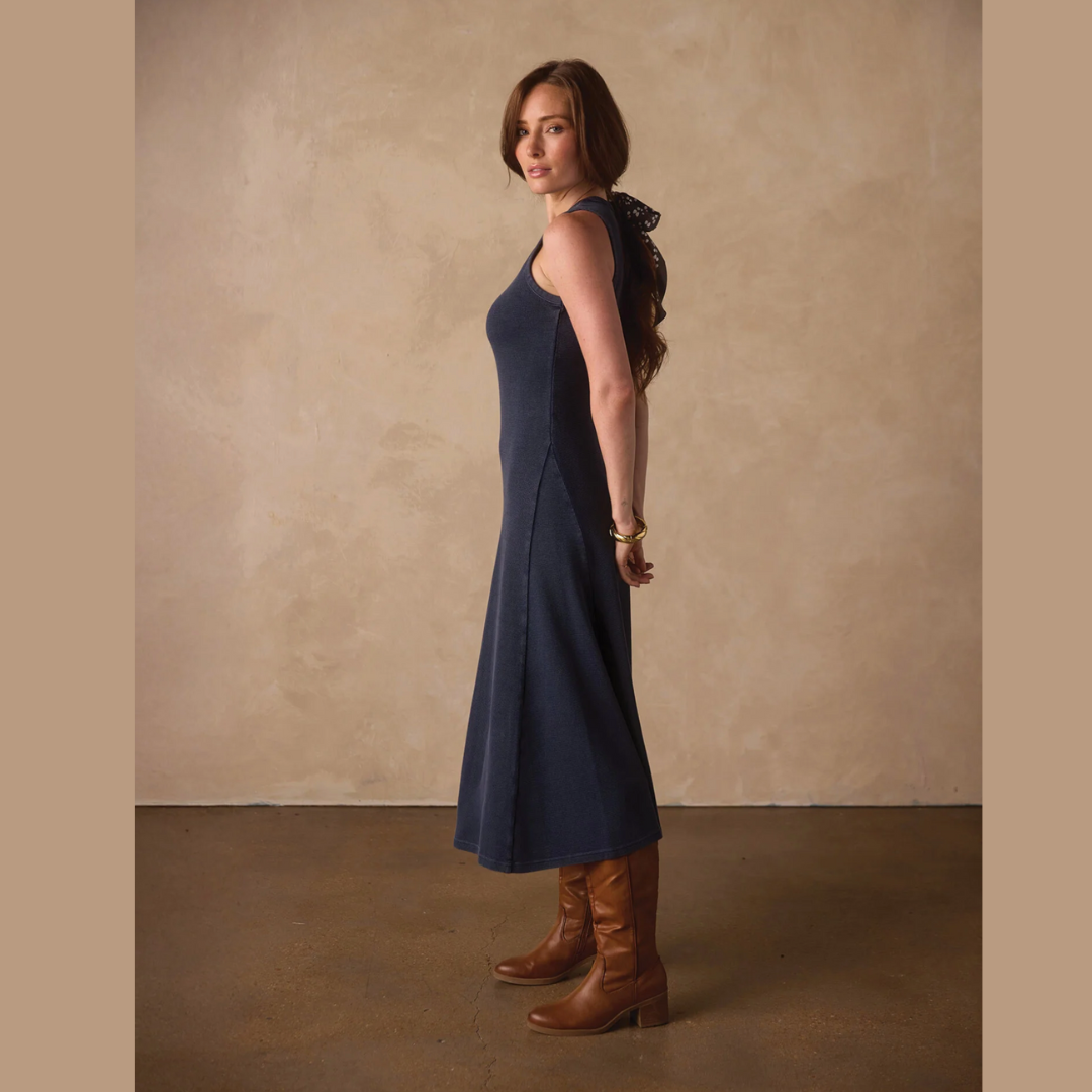 Vintage Thermal Midi Dress in Dark Indigo
