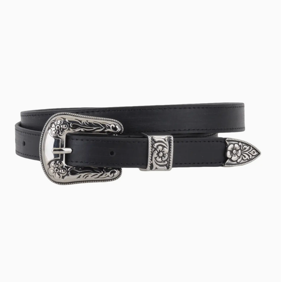 Skinny Silver Western Three-Piece Hardware Leather Belt