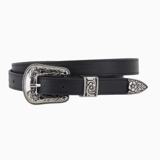 Skinny Silver Western Three-Piece Hardware Leather Belt