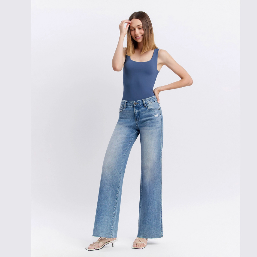 The Liv Mid Rise Clean Cut Raw Hem Wide Leg