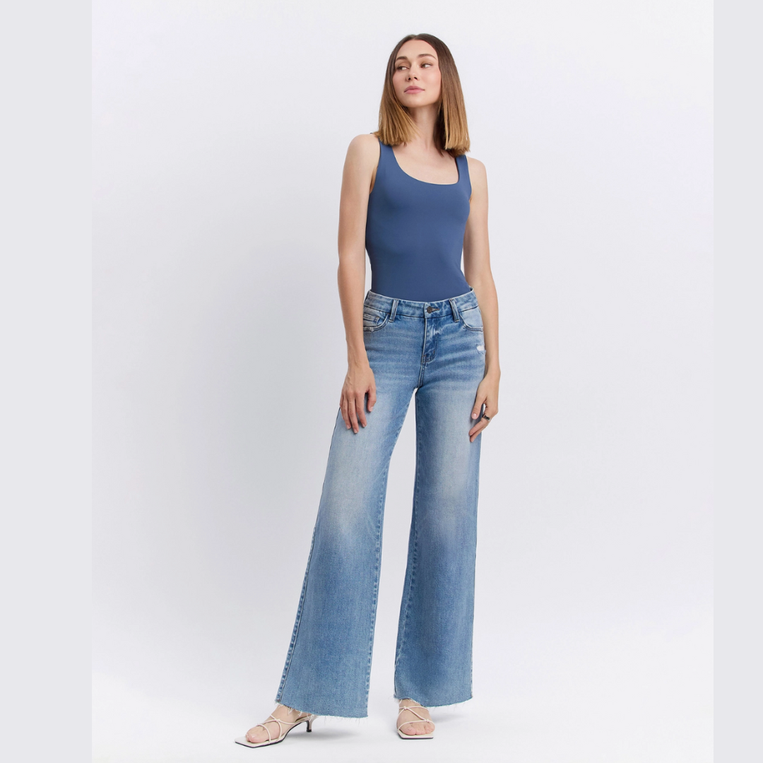 The Liv Mid Rise Clean Cut Raw Hem Wide Leg
