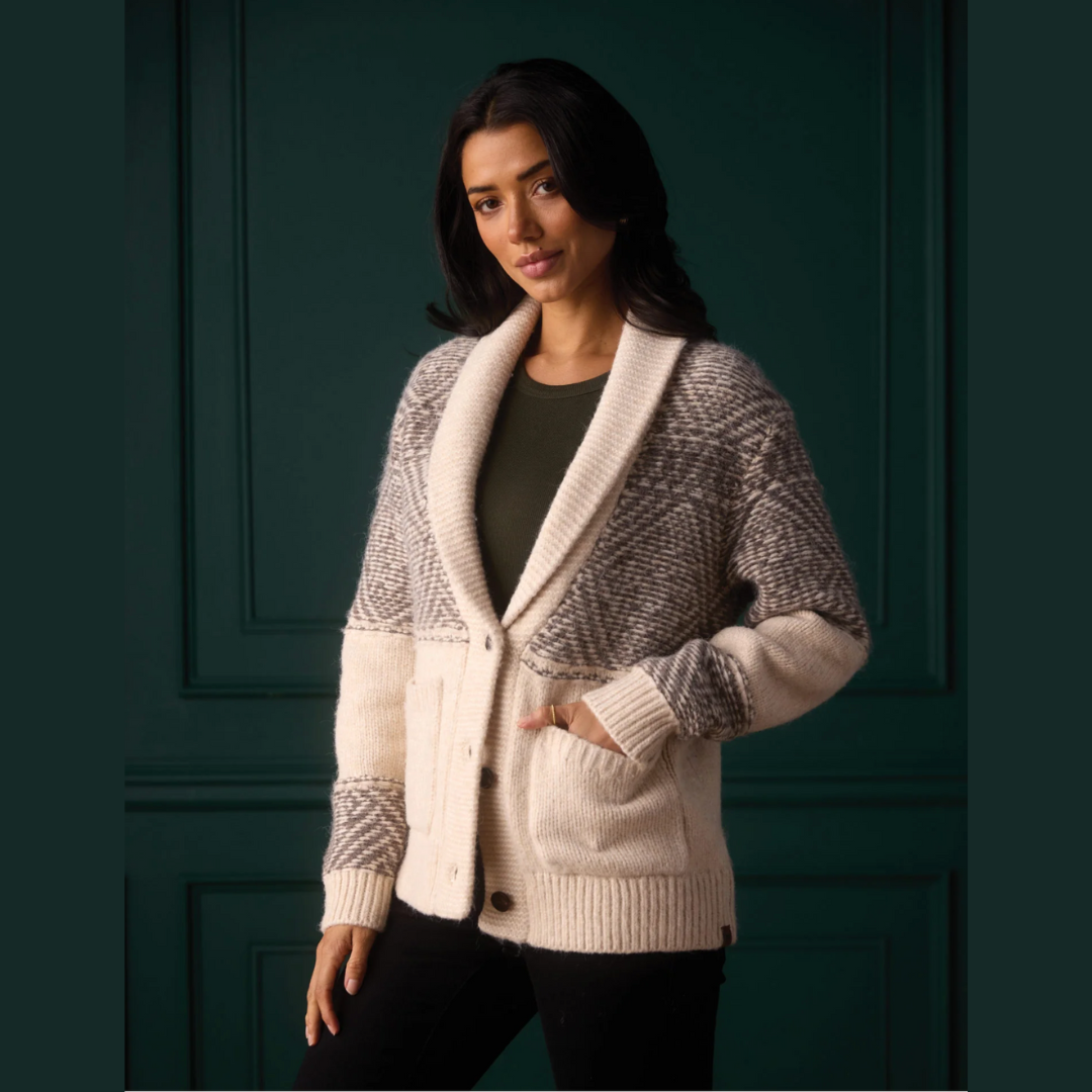 Shawl Collar Heritage Cardigan in Cream Multi