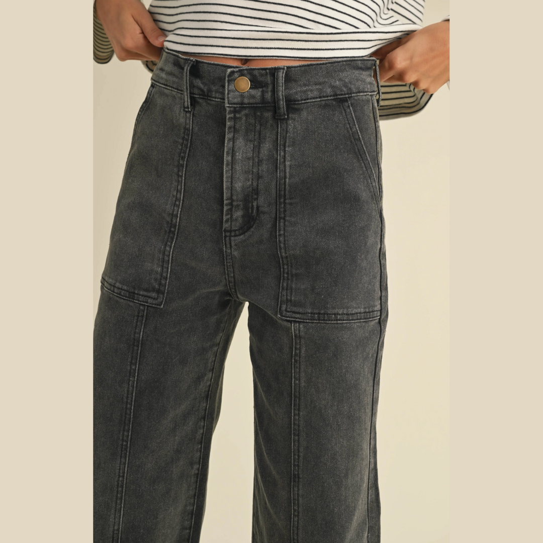 Carly Washed Black Paneled Stretch Wide Leg Denim