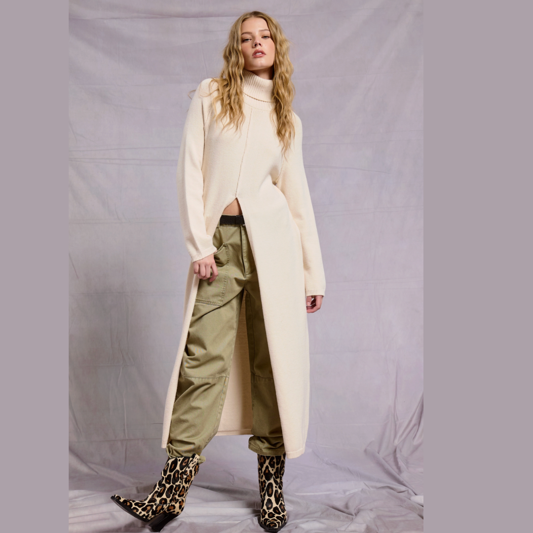 The Icon Ribbed Turtleneck Tunic Sweater Dress with Slit