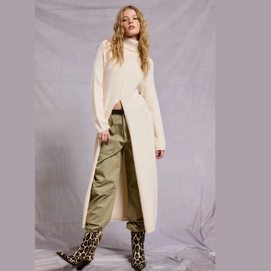 The Icon Ribbed Turtleneck Tunic Sweater Dress with Slit