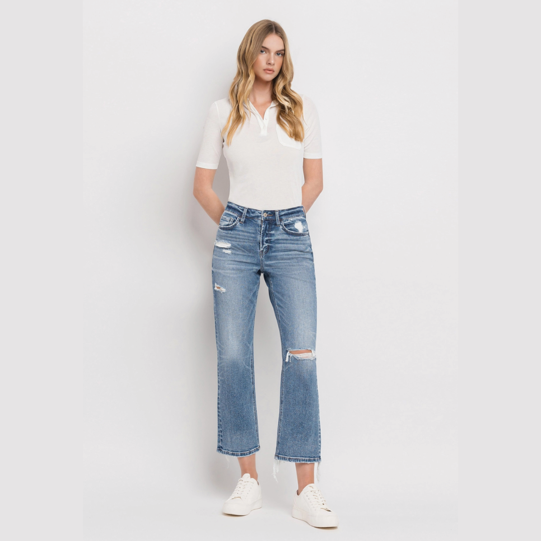 High Rise Distressed Hem Crop Straight Jeans