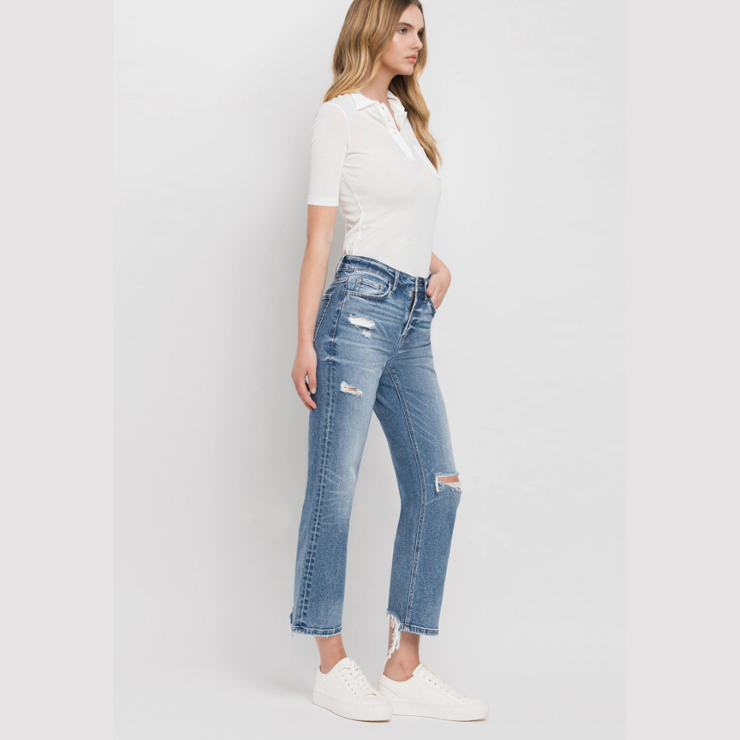 High Rise Distressed Hem Crop Straight Jeans