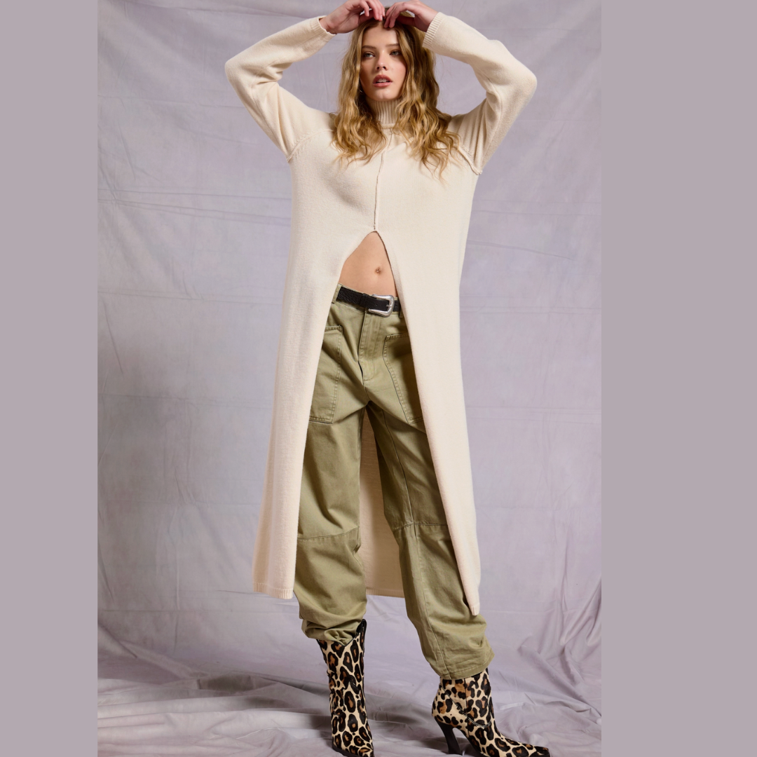 The Icon Ribbed Turtleneck Tunic Sweater Dress with Slit