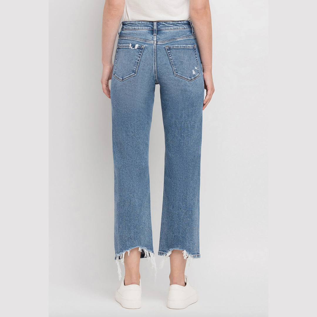 High Rise Distressed Hem Crop Straight Jeans