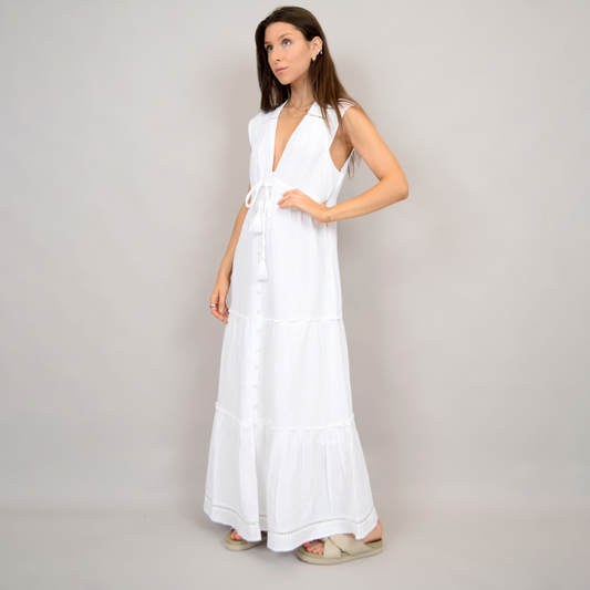 MacBeth Plunge White Maxi Dress