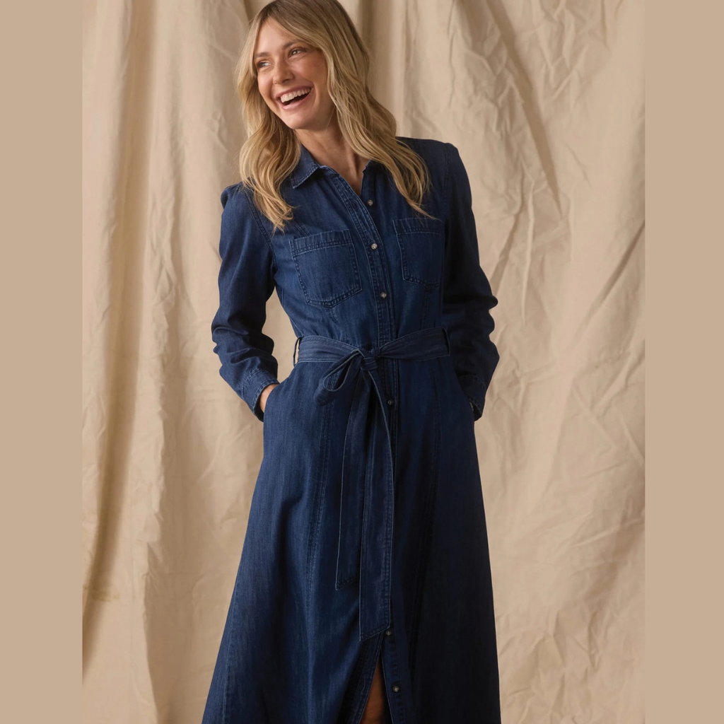 Cotton Denim Shirt Dress in Dark Wash