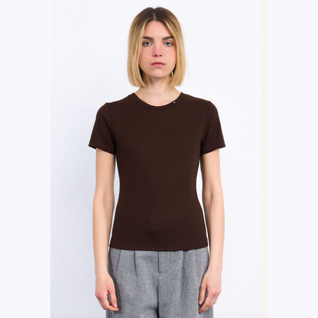Chocolate Tee with Rhinestone Neck Detail