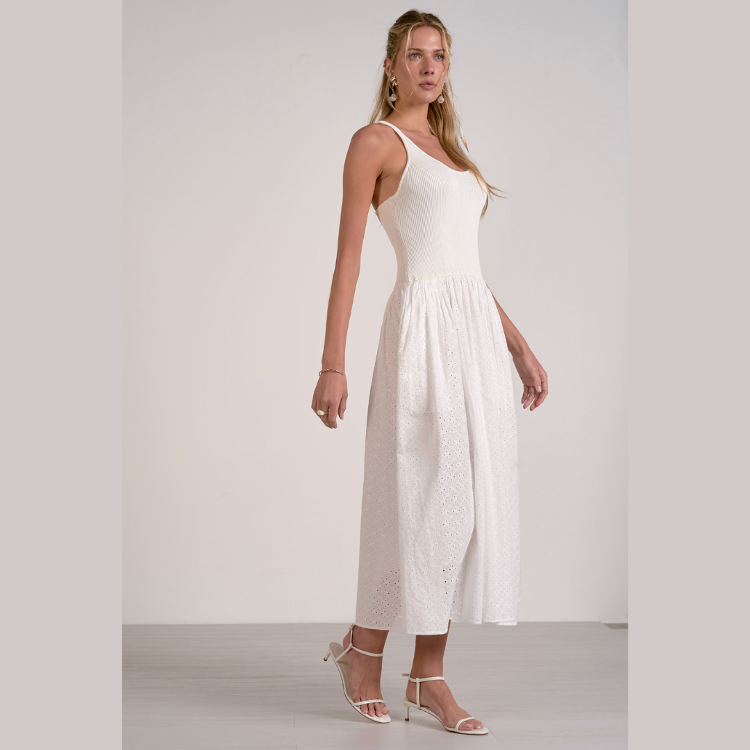 Mixed Media Eyelet Ribbed Maxi Dress