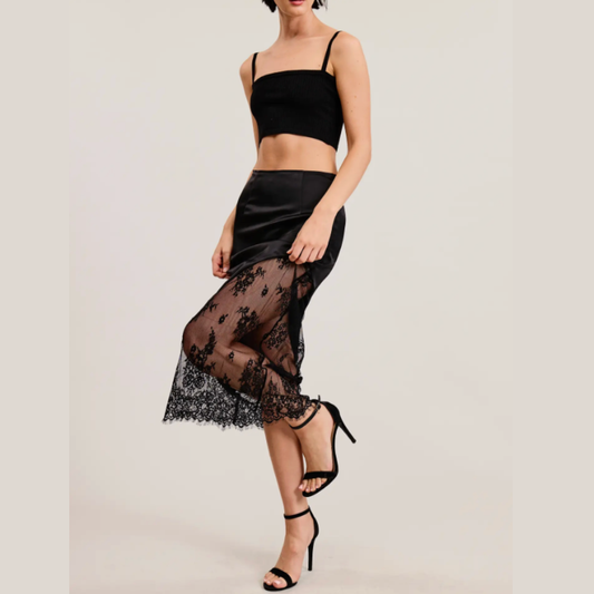 Asymmetrical Satin Midi Skirt with Lace Contrast