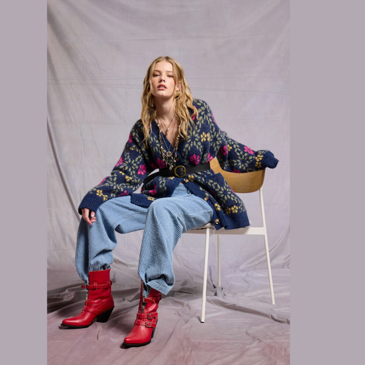 Retro Floral Print Fuzzy Knit Cardigan