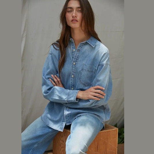 Woven Cotton Chambray Denim Button-Down Shirt