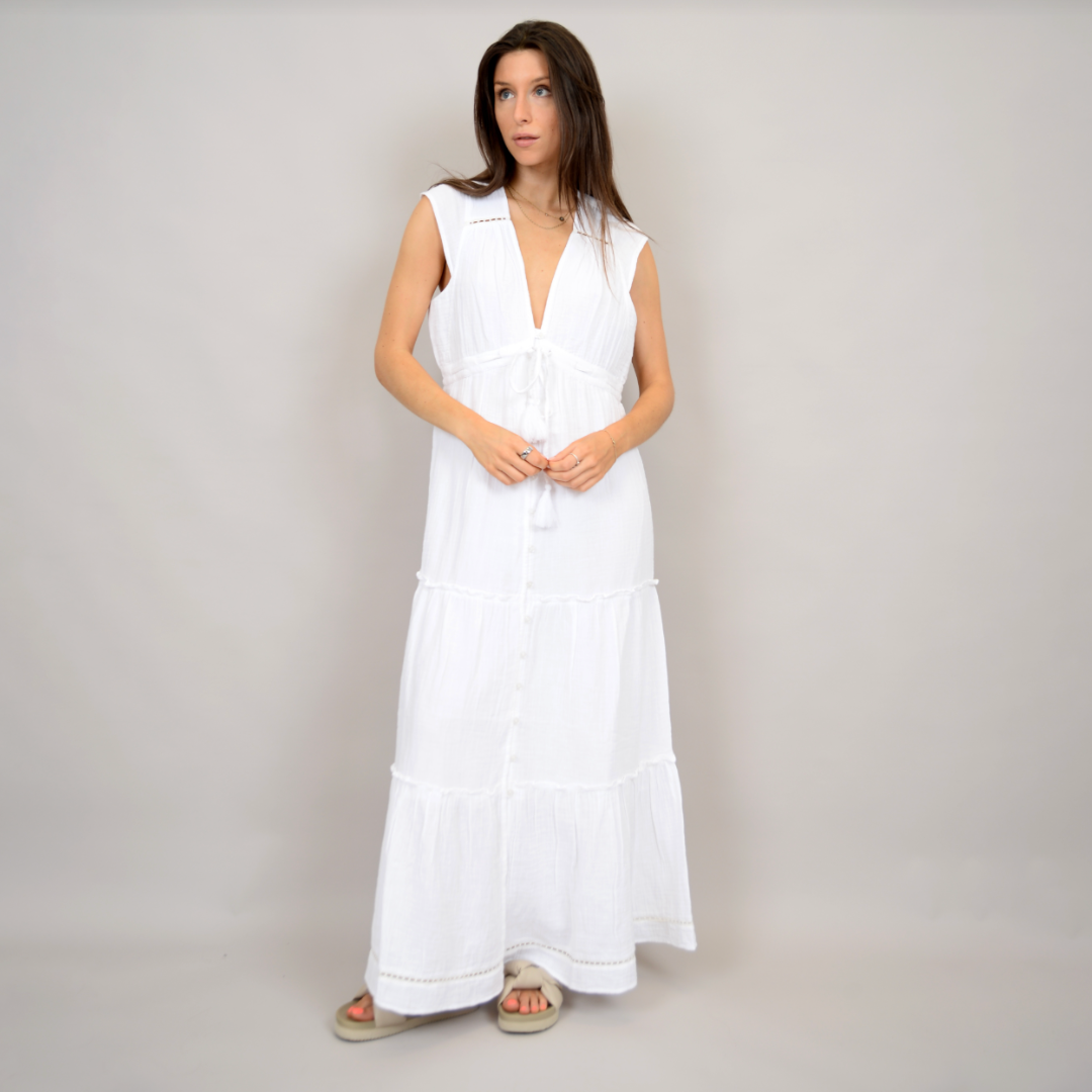 MacBeth Plunge White Maxi Dress
