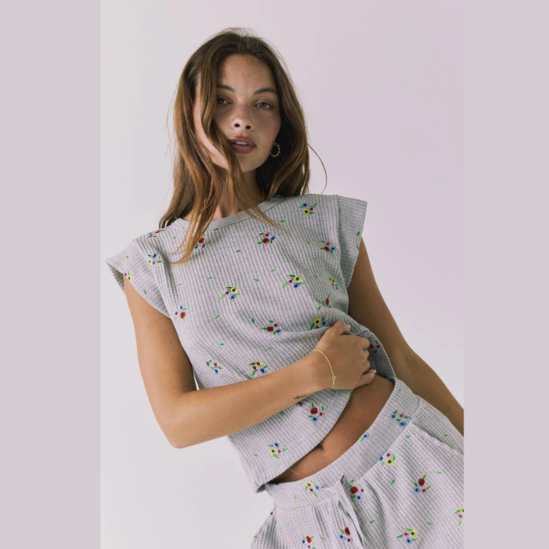 Frankee Heather Grey Ditsy Embroidery Tee