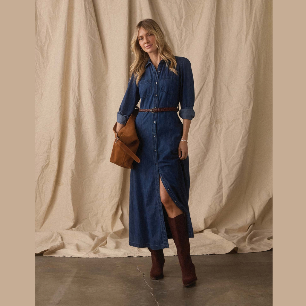 Cotton Denim Shirt Dress in Dark Wash
