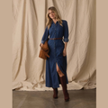 Cotton Denim Shirt Dress in Dark Wash