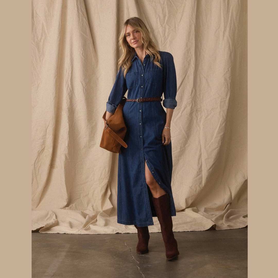 Cotton Denim Shirt Dress in Dark Wash