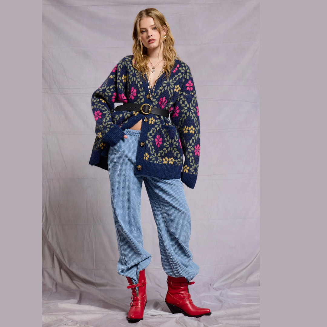 Retro Floral Print Fuzzy Knit Cardigan