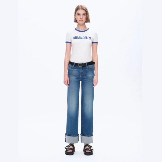 Mid Rise Straight Rolled Leg Denim Jeans