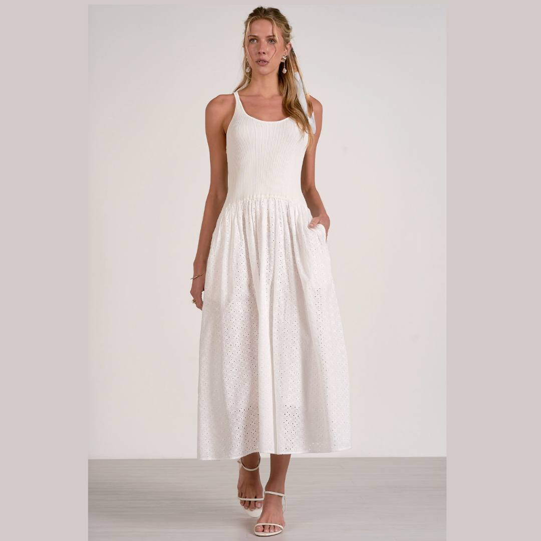 Mixed Media Eyelet Ribbed Maxi Dress