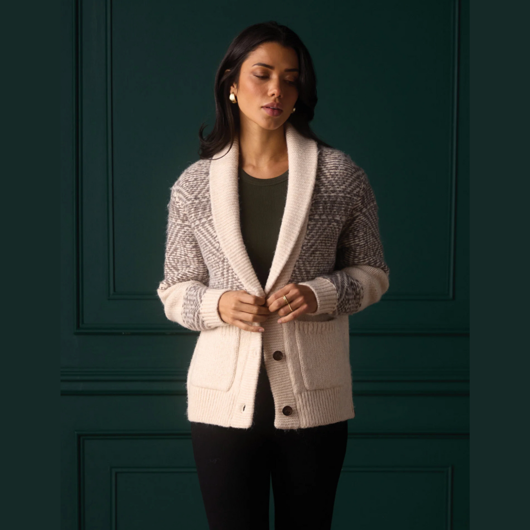Shawl Collar Heritage Cardigan in Cream Multi