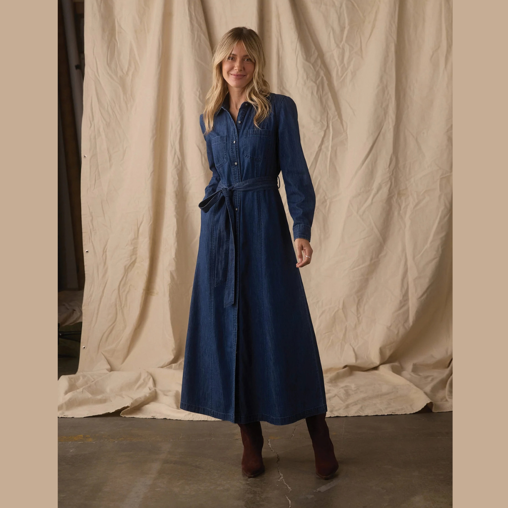 Cotton Denim Shirt Dress in Dark Wash