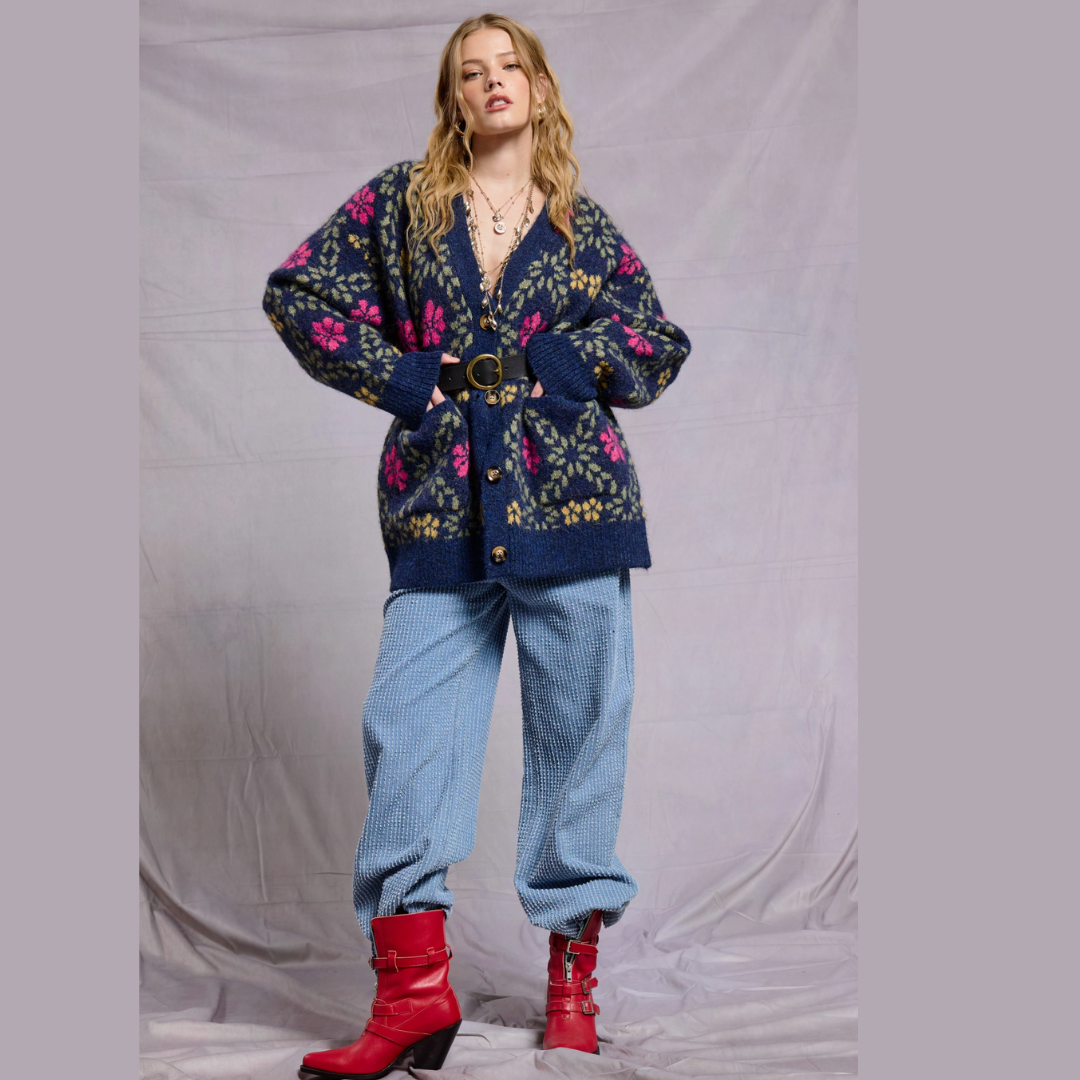 Retro Floral Print Fuzzy Knit Cardigan