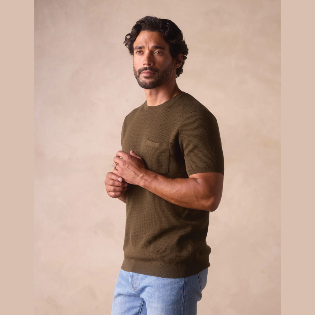 Men's Waffle Knit Sweater Tee in Olive
