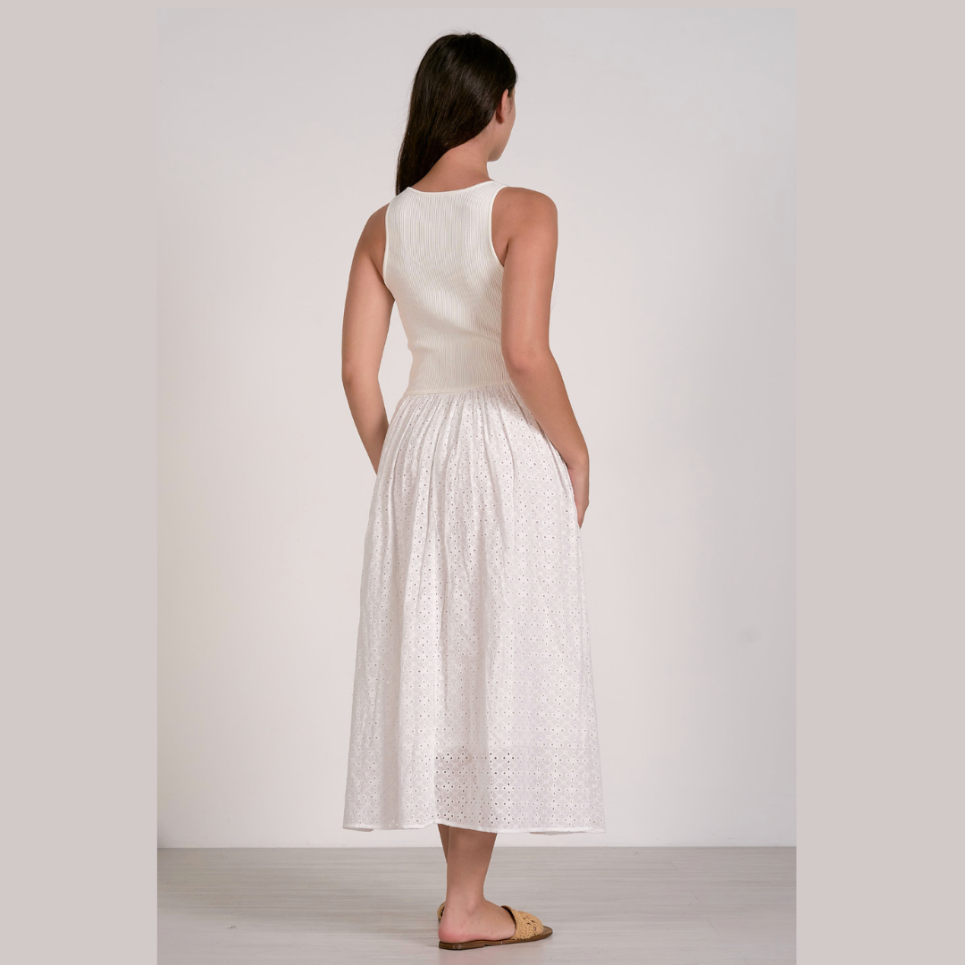 Mixed Media Eyelet Ribbed Maxi Dress