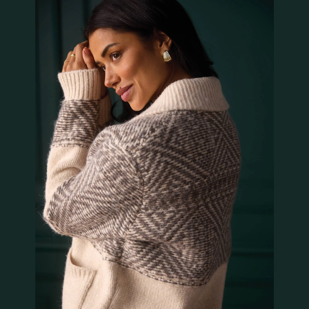 Shawl Collar Heritage Cardigan in Cream Multi
