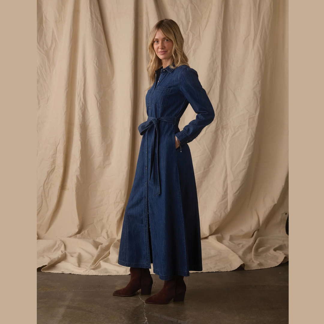 Cotton Denim Shirt Dress in Dark Wash