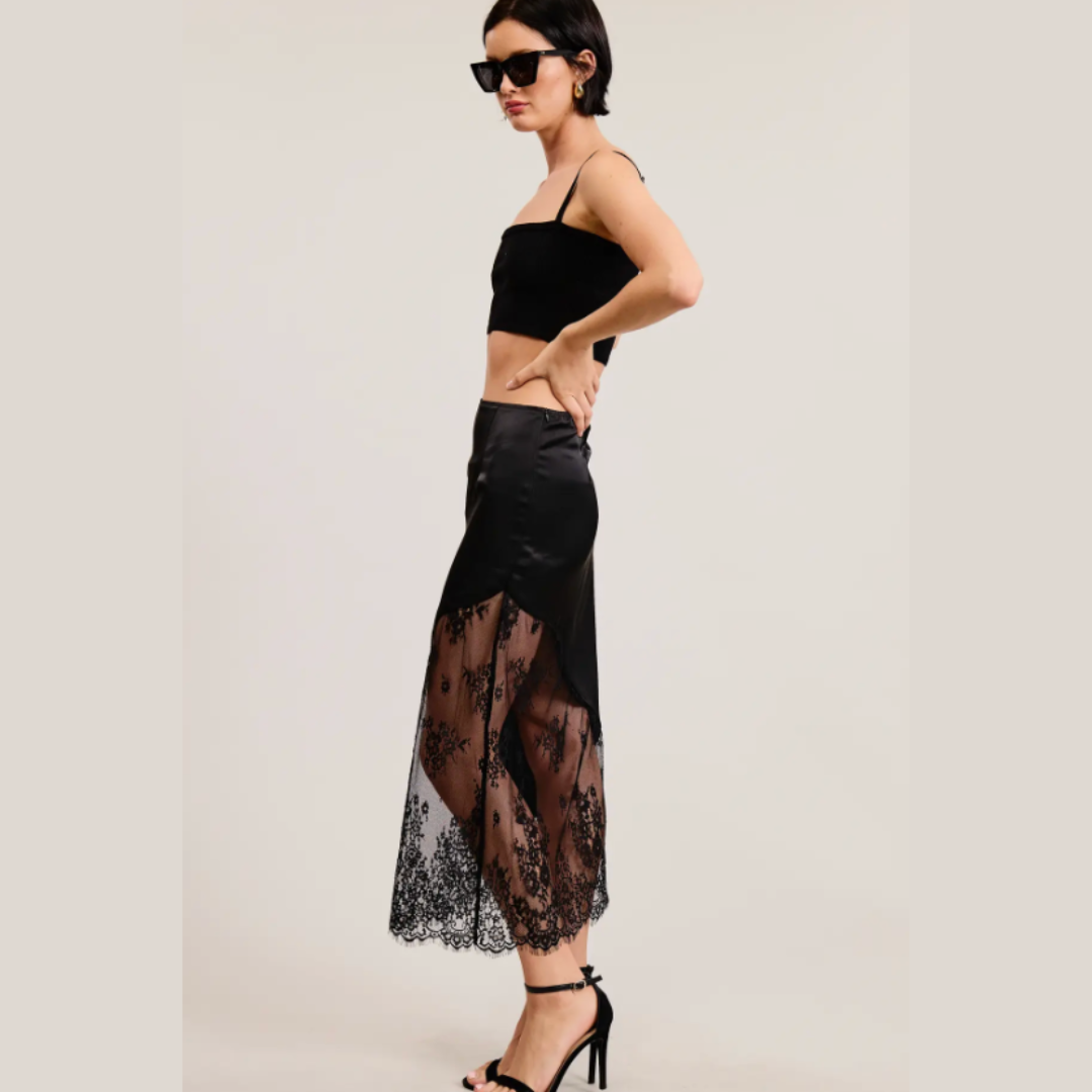 Asymmetrical Satin Midi Skirt with Lace Contrast