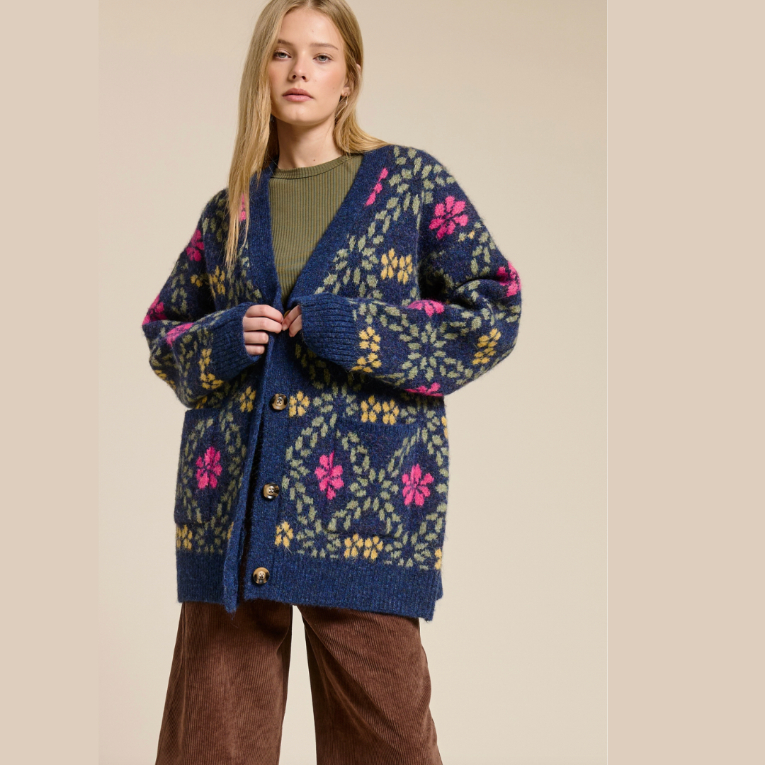 Retro Floral Print Fuzzy Knit Cardigan