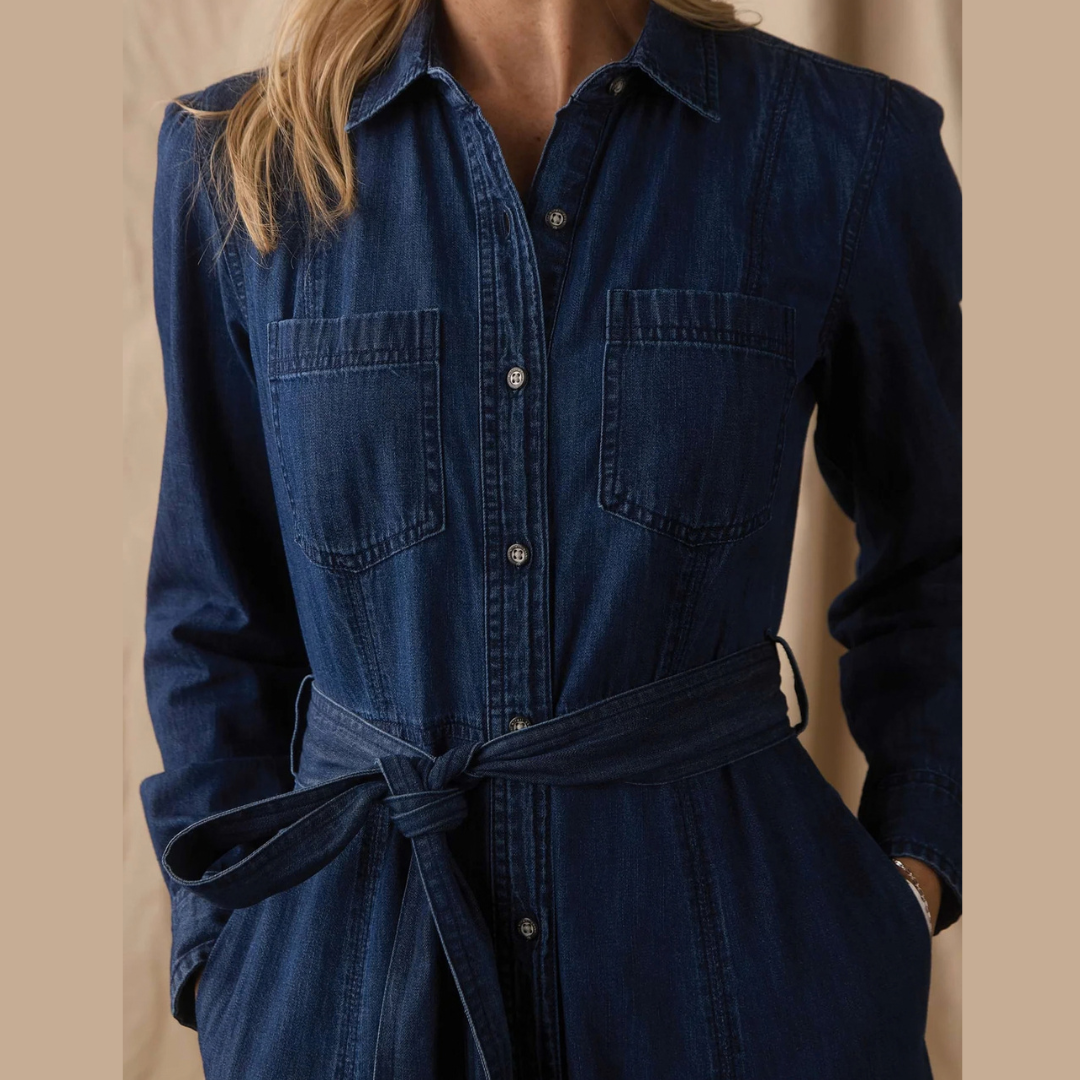 Cotton Denim Shirt Dress in Dark Wash
