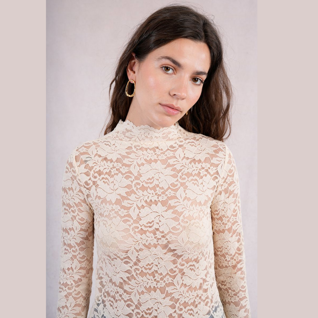 Cream Lace Mock Neck