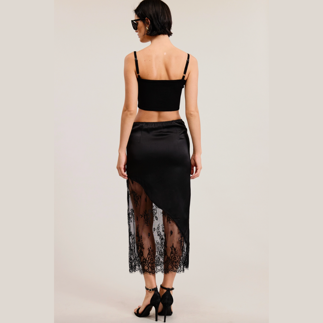 Asymmetrical Satin Midi Skirt with Lace Contrast