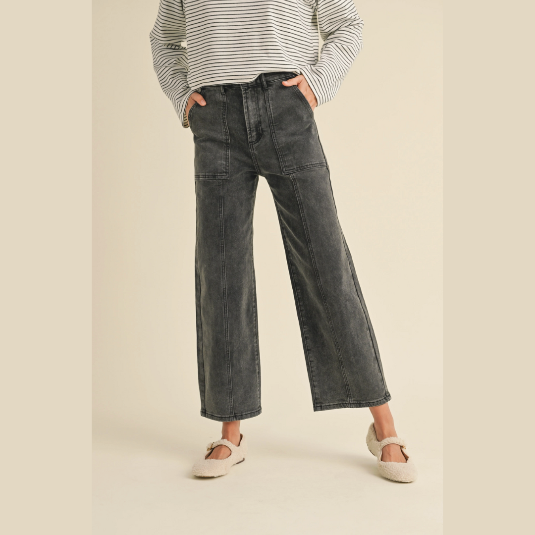 Carly Washed Black Paneled Stretch Wide Leg Denim