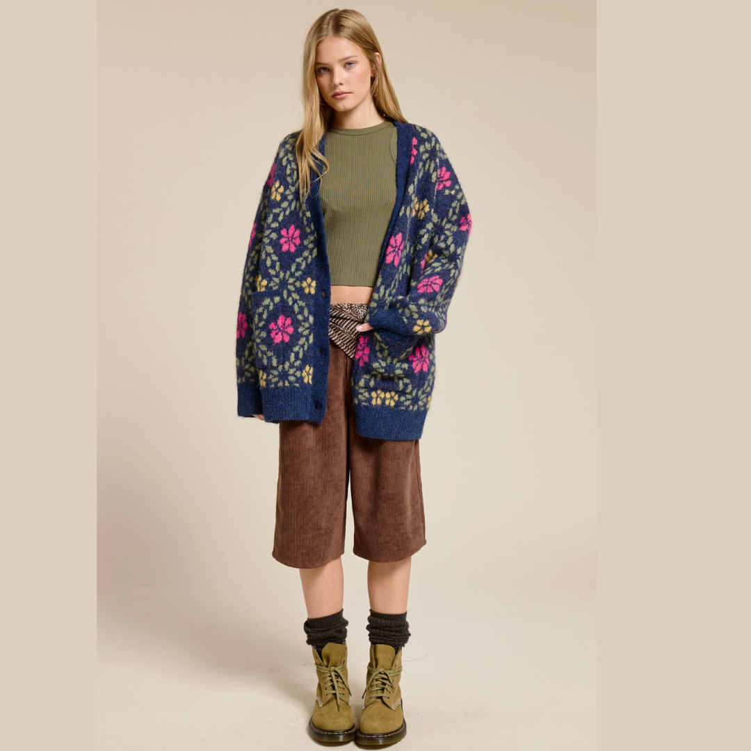 Retro Floral Print Fuzzy Knit Cardigan