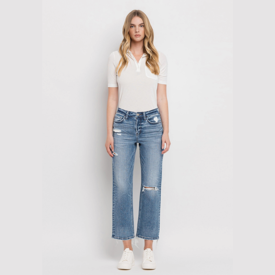 High Rise Distressed Hem Crop Straight Jeans