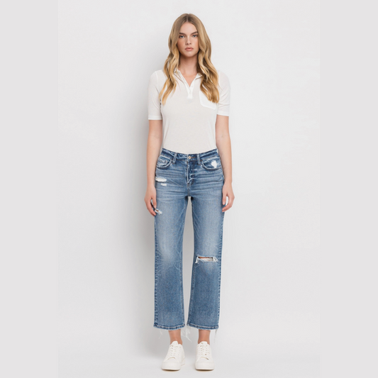 High Rise Distressed Hem Crop Straight Jeans